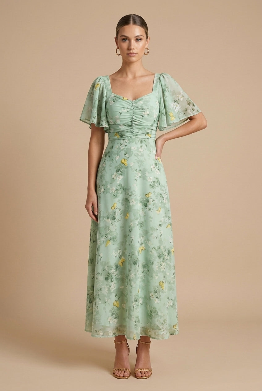 Women's Floral Square Neck Maxi Dress – Puff Sleeves, Ruched Bodice