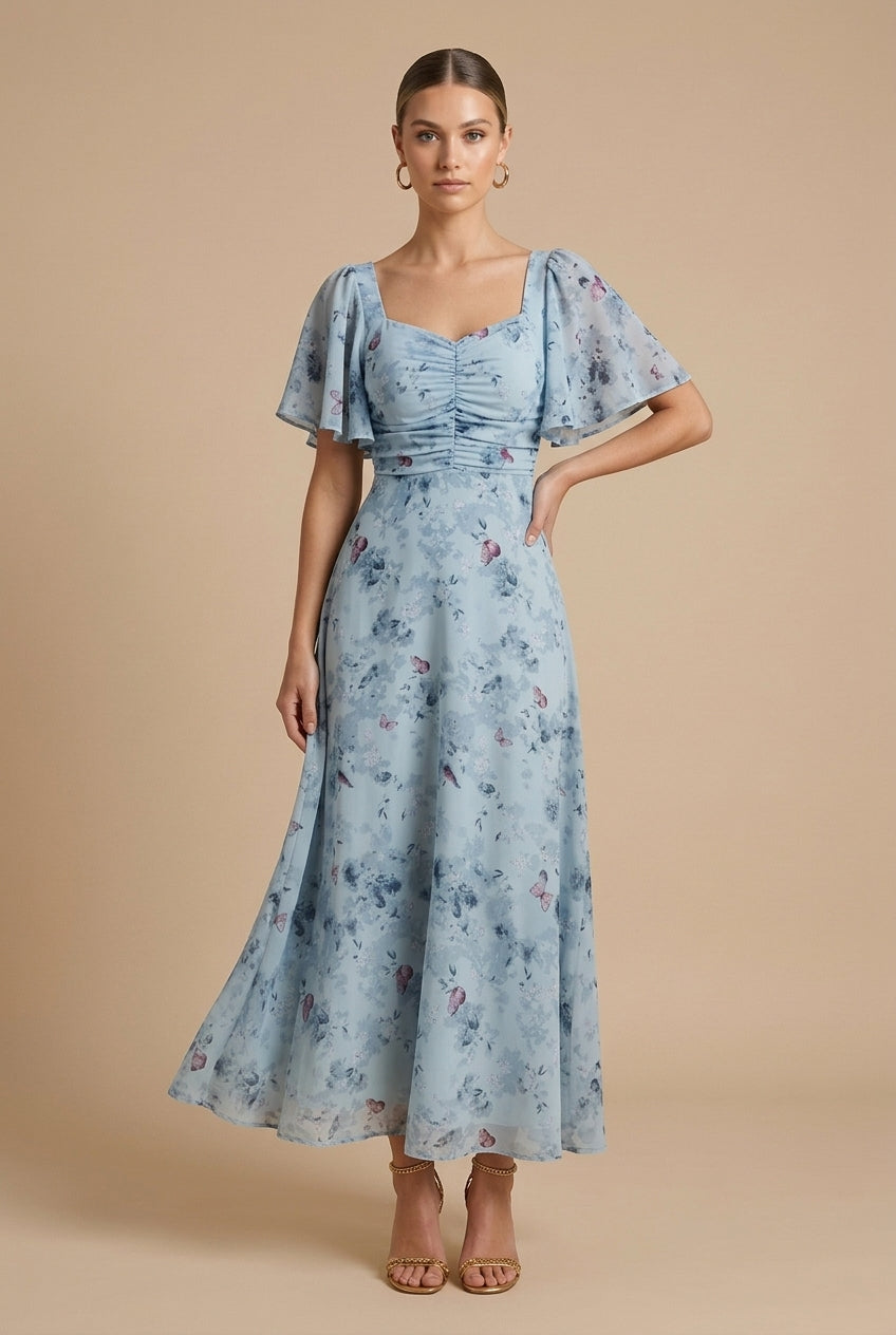 Women's Floral Square Neck Maxi Dress – Puff Sleeves, Ruched Bodice