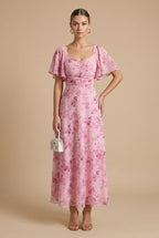 Women's Floral Square Neck Maxi Dress – Puff Sleeves, Ruched Bodice