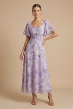 Women's Floral Square Neck Maxi Dress – Puff Sleeves, Ruched Bodice