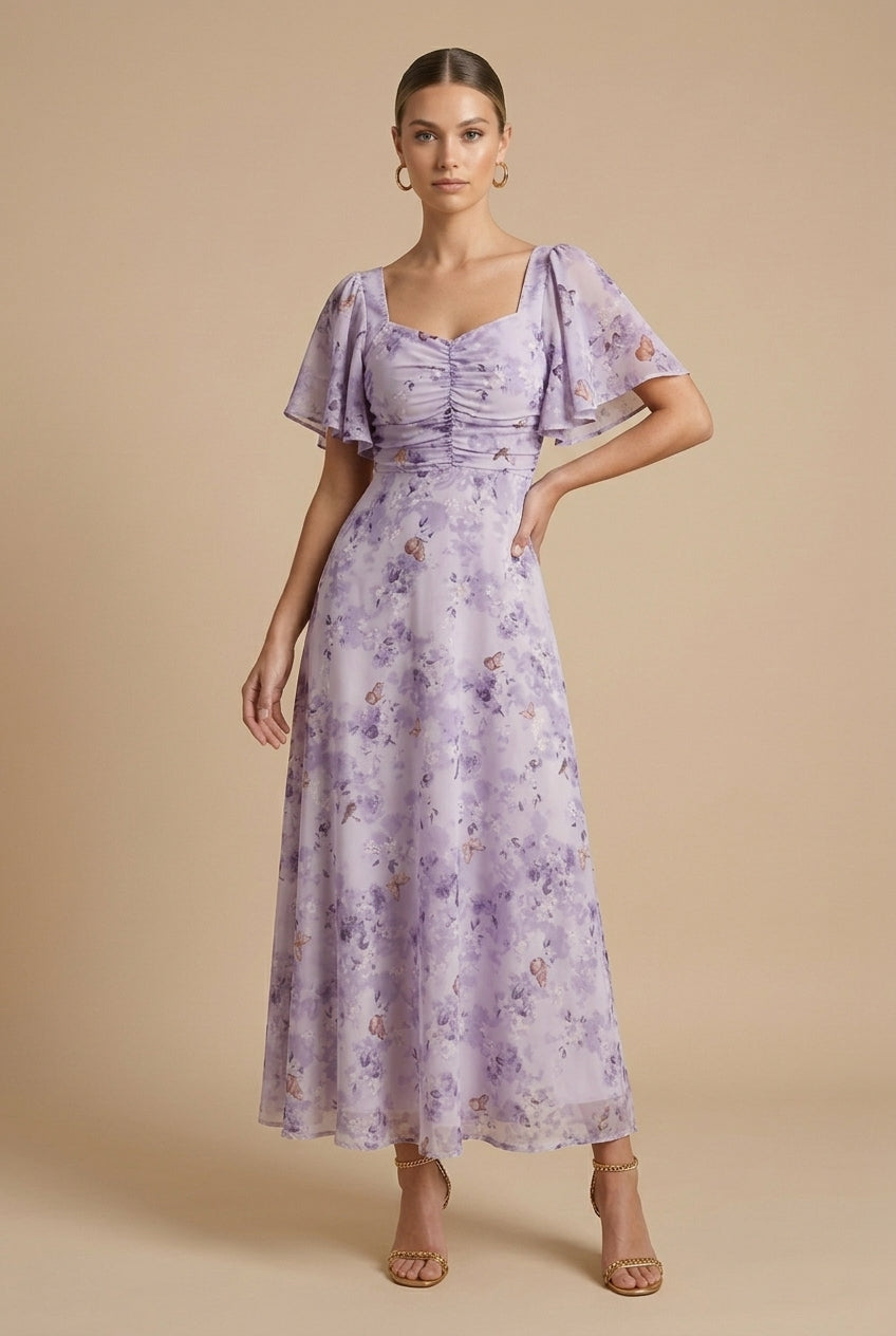 Women's Floral Square Neck Maxi Dress – Puff Sleeves, Ruched Bodice