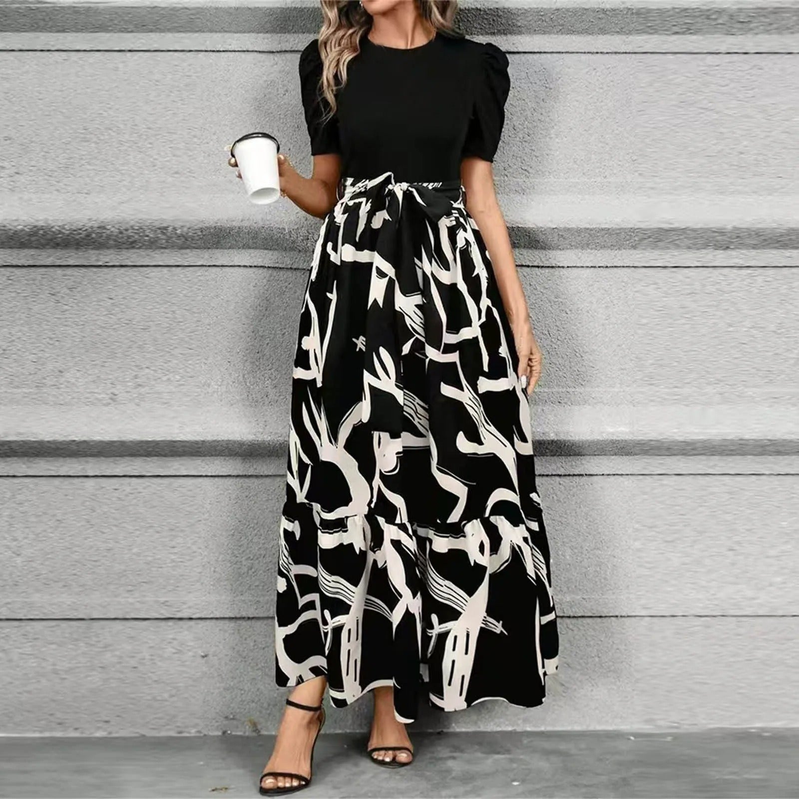 Hannah Floral Print Maxi Dress – High-Waisted Tie Front, A-Line