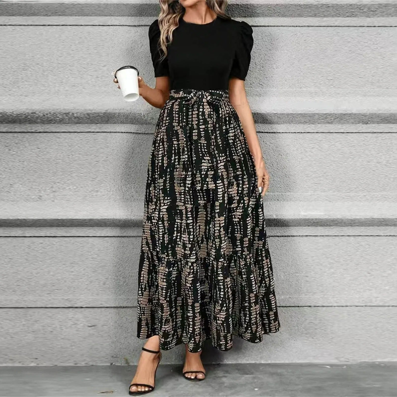 Hannah Floral Print Maxi Dress – High-Waisted Tie Front, A-Line