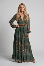 Women's Embroidered V-Neck Maxi Dress – Balloon Sleeve