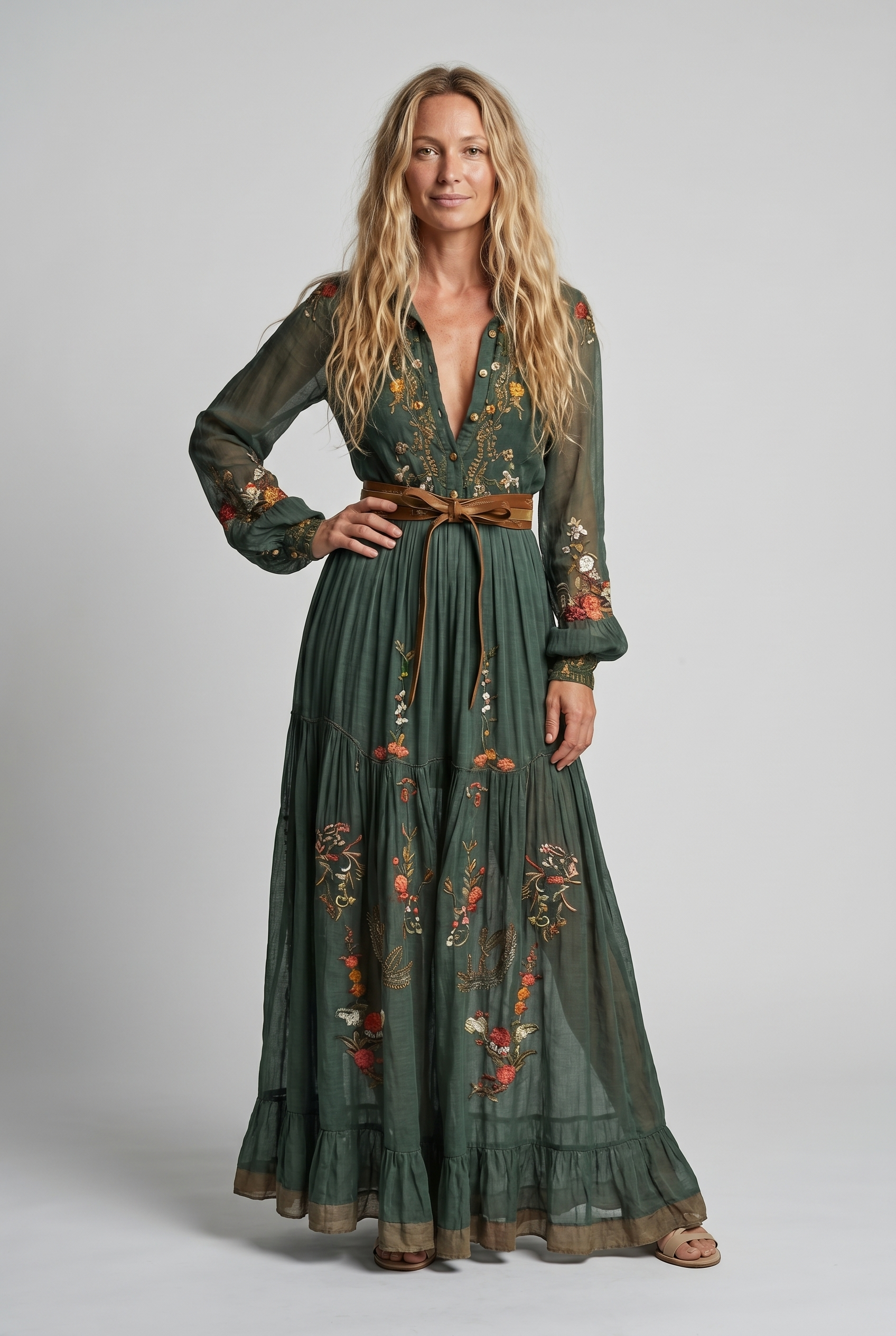 Women's Embroidered V-Neck Maxi Dress – Balloon Sleeve