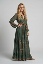 Women's Embroidered V-Neck Maxi Dress – Balloon Sleeve