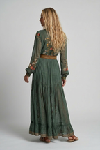 Women's Embroidered V-Neck Maxi Dress – Balloon Sleeve