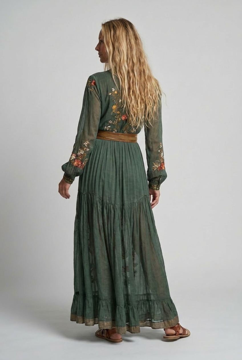 Women's Embroidered V-Neck Maxi Dress – Balloon Sleeve