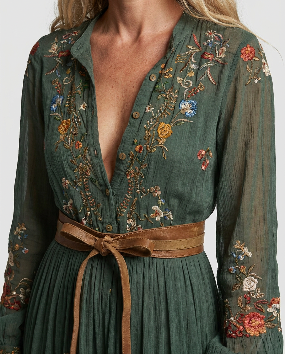 Women's Embroidered V-Neck Maxi Dress – Balloon Sleeve