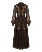 Women's Embroidered V-Neck Maxi Dress – Balloon Sleeve
