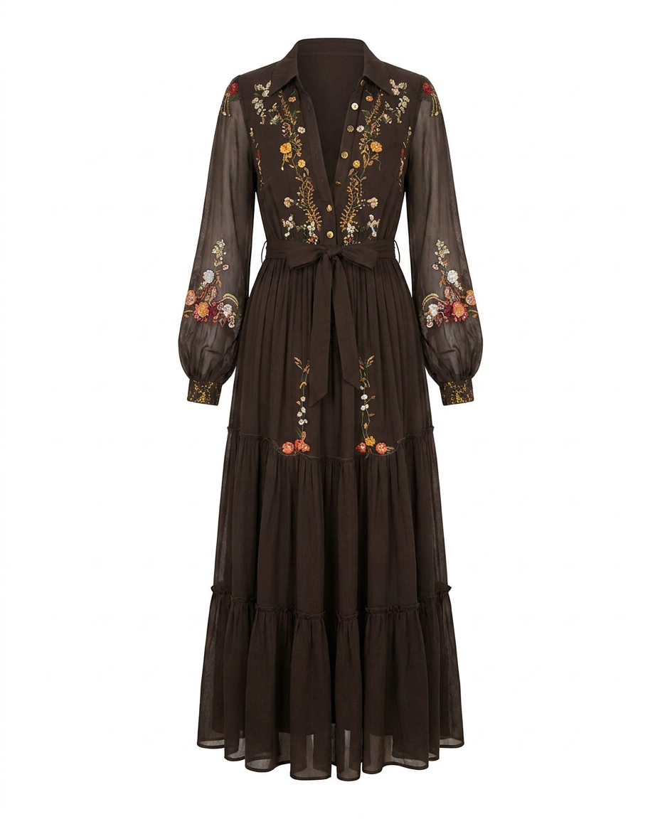 Women's Embroidered V-Neck Maxi Dress – Balloon Sleeve