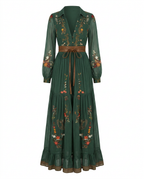 Women's Embroidered V-Neck Maxi Dress – Balloon Sleeve