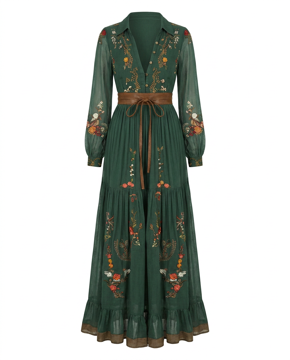 Women's Embroidered V-Neck Maxi Dress – Balloon Sleeve